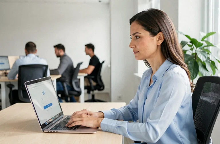 Femme professionnelle connectée à son espace personnel Mypeopledoc sur un ordinateur portable au bureau