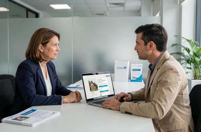 Bank advisor presenting a real estate loan offer to a client in a modern agency