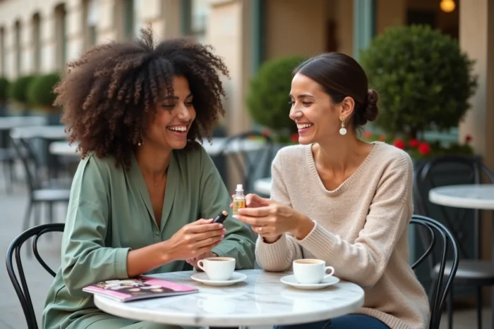 Deux femmes élégantes discutant de produits de beauté en terrasse de café parisien, conseils beauté entre amies