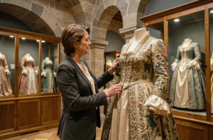 Conservatrice de musée examinant une robe de cour brodée du XVIIIe siècle dans un musée du textile, illustrant l'évolution historique de la mode