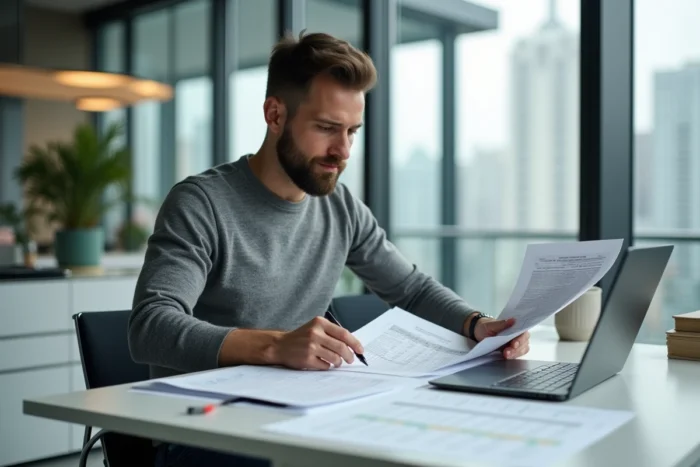 Consultant en urbanisme analysant les tableaux réglementaires de calcul des unités de passage pour la conformité ERP à son bureau