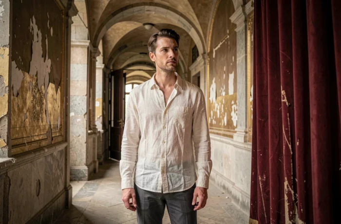 Chanteur d'opéra en coulisses d'un théâtre historique regardant au loin avec une expression sereine et introspective
