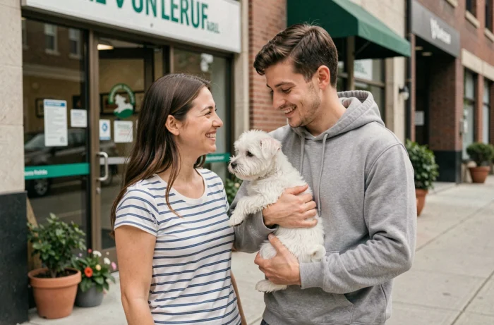Jeune couple tenant un chiot terrier blanc devant une clinique vétérinaire après adoption, souriant avec complicité