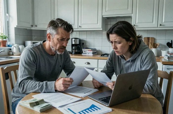 Anxious French couple examining real estate documents and price charts on a laptop in their apartment, symbolizing concerns related to the real estate bubble