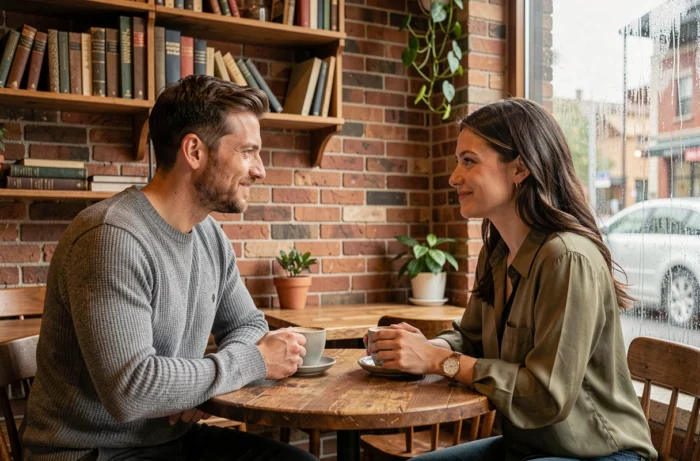 Couple in intimate conversation in a cozy Parisian café, highlighting the discretion of the Bossard-Dauby couple