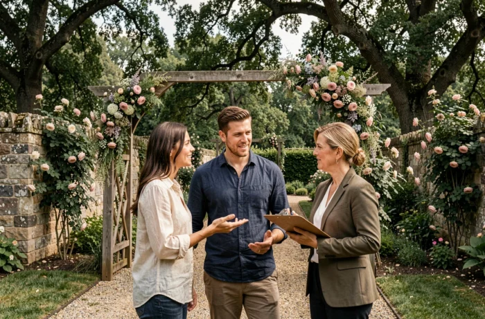 Paar zukünftiger Eheleute in Beratung mit einem Hochzeitsplaner in einem blühenden Garten zur Organisation ihrer Zeremonie