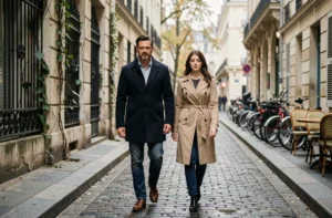 Couple discret marchant dans une ruelle parisienne pavée en automne, illustrant la vie privée d'Olivier Bossard et Alicia Dauby