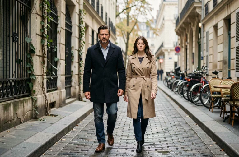 Couple discret marchant dans une ruelle parisienne pavée en automne, illustrant la vie privée d'Olivier Bossard et Alicia Dauby