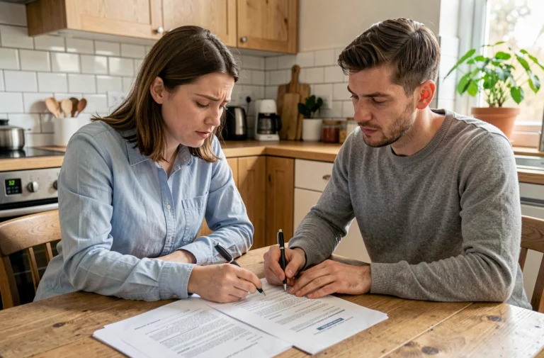 Couple de trentenaires examinant des documents de crédit immobilier à leur table de cuisine dans un appartement moderne