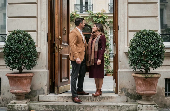 Elegant and discreet couple on the threshold of a Haussmannian Parisian building, symbolizing preserved private life