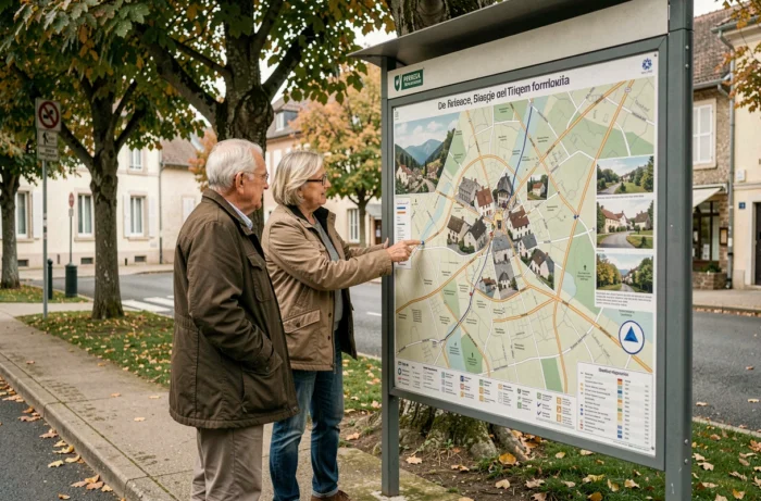 Couple de seniors consultant un panneau cartographique de Beynat en plein air pour planifier leur visite