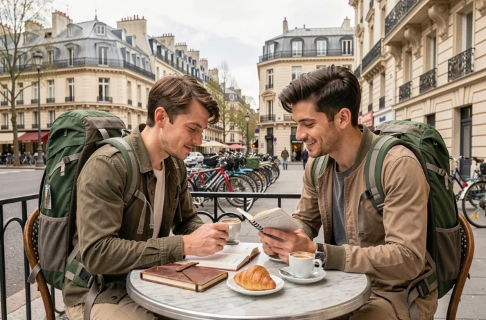 Couple planning their travel itinerary in France over coffee on a Parisian terrace