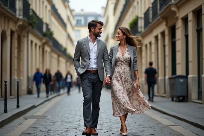 Couple élégant se promenant dans une rue pavée d'un quartier résidentiel français, vie de couple et sorties en ville