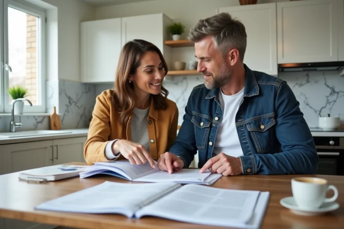 Couple examinant ensemble un dossier immobilier complet à la table de cuisine pour préparer une candidature locative ou d'achat