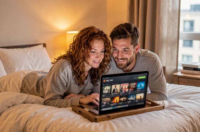 Coppia che cerca siti di streaming alternativi per film su un computer portatile nella loro camera