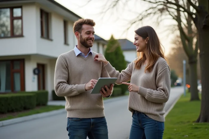 Couple visitant une maison dans le cadre d'un échange immobilier entre particuliers avec une tablette affichant une plateforme en ligne