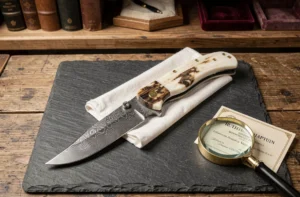Couteau de collection le plus cher du monde en acier damas avec manche en ivoire de mammouth et rivets en or 18 carats exposé sur ardoise noire