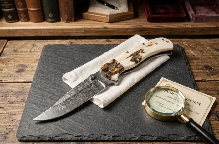 Couteau de collection le plus cher du monde en acier damas avec manche en ivoire de mammouth et rivets en or 18 carats exposé sur ardoise noire