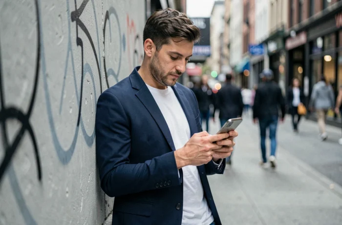 Créateur de contenu masculin consultant son téléphone dans un environnement urbain contemporain