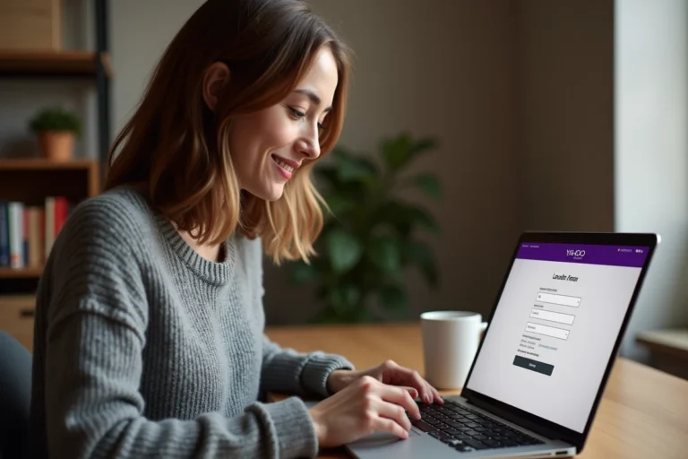 Femme créant une adresse mail Yahoo sur un ordinateur portable dans un bureau à domicile confortable