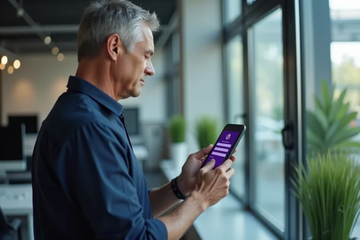 Homme consultant le guide de création de compte Yahoo Mail sur son smartphone au bureau
