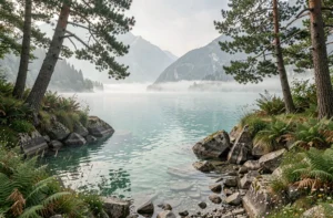 Crique sauvage et isolée du lac du Bourget avec eau turquoise et végétation naturelle au petit matin