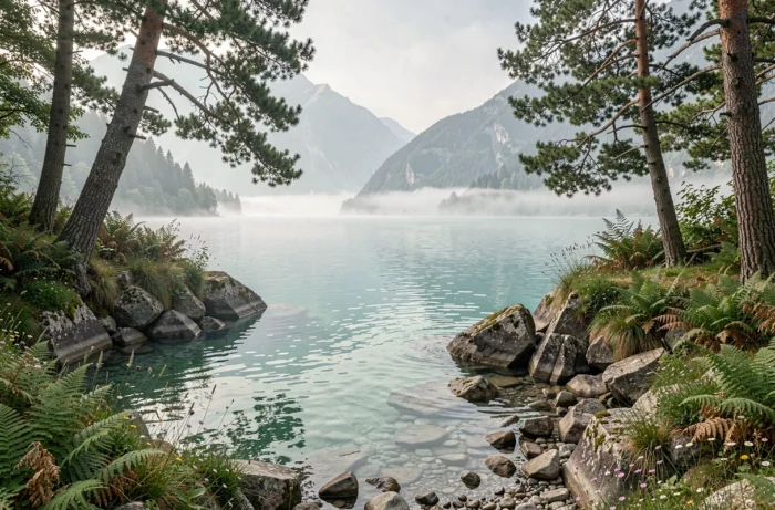 Crique sauvage et isolée du lac du Bourget avec eau turquoise et végétation naturelle au petit matin
