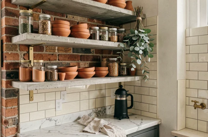 Mensole in cemento grezzo con ceramiche artigianali terracotta e spezie in barattoli in una cucina urbana di tendenza — idee decorazione cucina interna