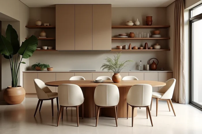 Cuisine ouverte contemporaine avec meubles ton putty, étagères en poterie artisanale et table en noyer massif