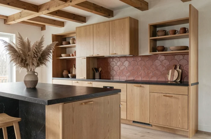 Cucina scandinava minimalista con armadi in rovere, piano di lavoro in granito nero e schienale in piastrelle terracotta arcuate