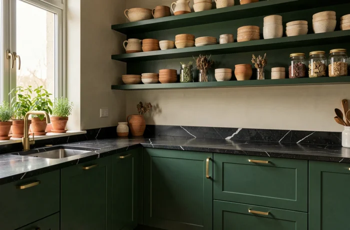 Contemporary kitchen with forest green cabinets and brushed brass hardware, open shelves adorned with artisanal ceramics and a black granite countertop