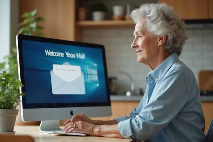 Femme senior découvrant sa nouvelle boîte mail Yahoo sur un ordinateur de bureau dans sa cuisine