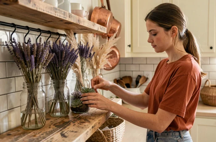 Jeune femme décorant une étagère en bois recyclé avec des bocaux en verre et des plantes séchées dans une cuisine rustique