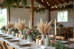 Table de mariage décorée avec des herbes de la pampa, des fleurs rose poudré et vert sauge dans des vases en céramique, des bougies ivoire et des couverts dorés dans une grange rustique