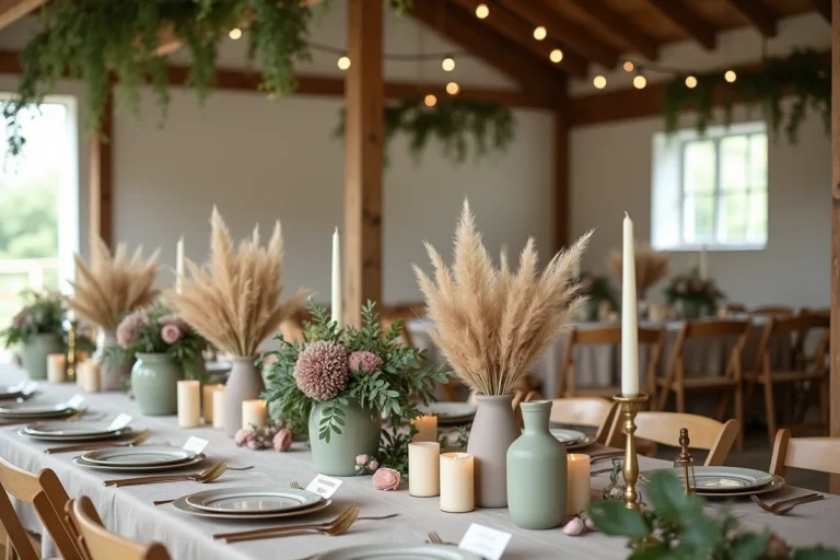Table de mariage décorée avec des herbes de la pampa, des fleurs rose poudré et vert sauge dans des vases en céramique, des bougies ivoire et des couverts dorés dans une grange rustique