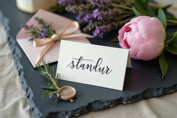 Détails de décoration de mariage en flat lay avec une carte de place en calligraphie, une pivoine rose poudré, de la lavande séchée et une boîte cadeau en cire sur une surface en ardoise