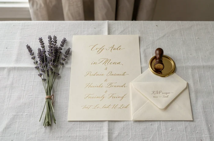 Details einer eleganten Hochzeits-Papeterie im Flat Lay: kalligrafiertes Menü, goldene Platzkarte und Wachssiegel auf weißem Leinen