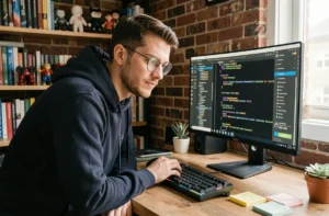 Développeur geek passionné naviguant sur des ressources web et forums tech depuis son bureau à domicile
