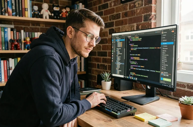 Développeur geek passionné naviguant sur des ressources web et forums tech depuis son bureau à domicile
