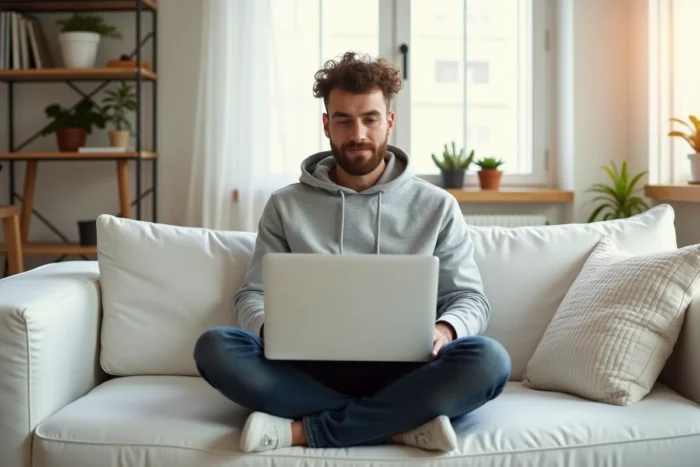 Développeur web indépendant travaillant sur son laptop depuis un bureau à domicile minimaliste