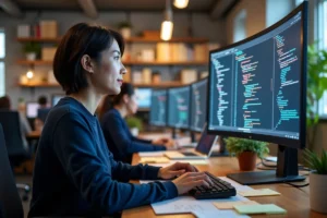 Développeuse web analysant du code sur un écran ultrawide dans un bureau moderne en open space