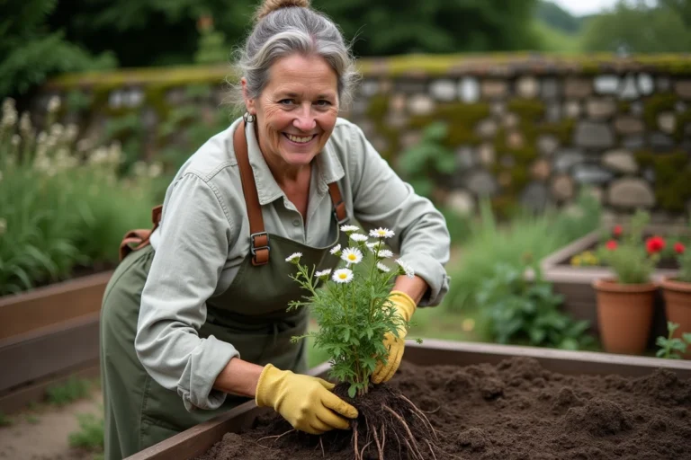Jardinière divisant une touffe de tanaisie dans un jardin rustique avec une fourche à main