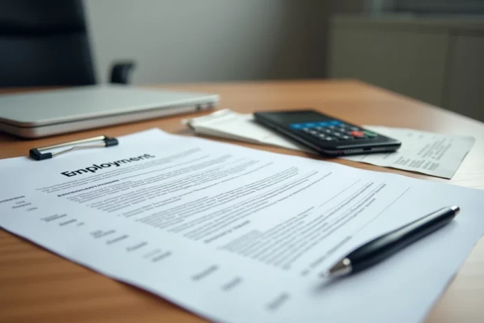 Gros plan sur un contrat de travail, une fiche de paie annotée et un smartphone affichant un calculateur de salaire net pour la convention collective 66
