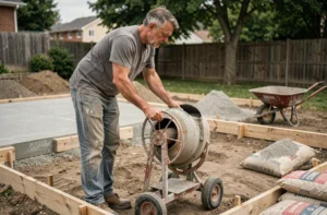Ouvrier du bâtiment utilisant une bétonnière pour doser le béton d'une dalle sur un chantier résidentiel