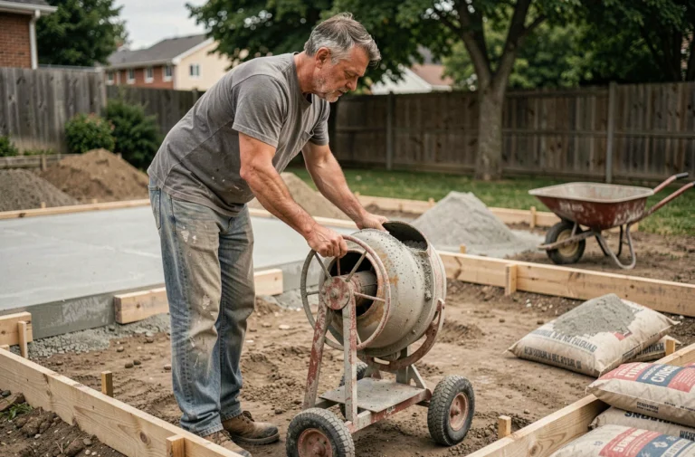 Ouvrier du bâtiment utilisant une bétonnière pour doser le béton d'une dalle sur un chantier résidentiel