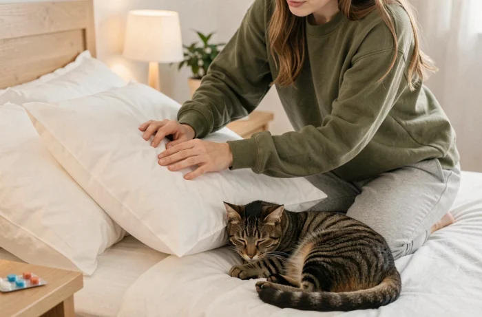 Femme installant des draps propres sur un lit avec un chat vermifugé confortablement allongé dessus