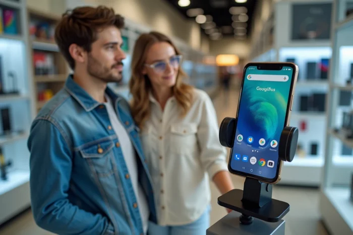 Deux personnes découvrant le Google Play Store sur un smartphone Android en magasin d'électronique