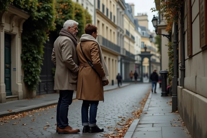 Deux adultes devant un immeuble parisien historique avec des plaques commémoratives, évoquant la mémoire et l'héritage familial de Serge Gainsbourg