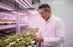 Horticulteur professionnel inspectant des plants de laitue sous éclairage LED horticole dans une ferme verticale moderne