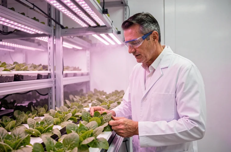 Horticulteur professionnel inspectant des plants de laitue sous éclairage LED horticole dans une ferme verticale moderne